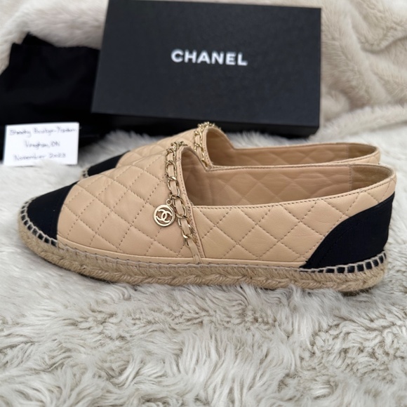 Chanel Beige & Black Chain Quilted Leather Espadrilles - Picture 5 of 14